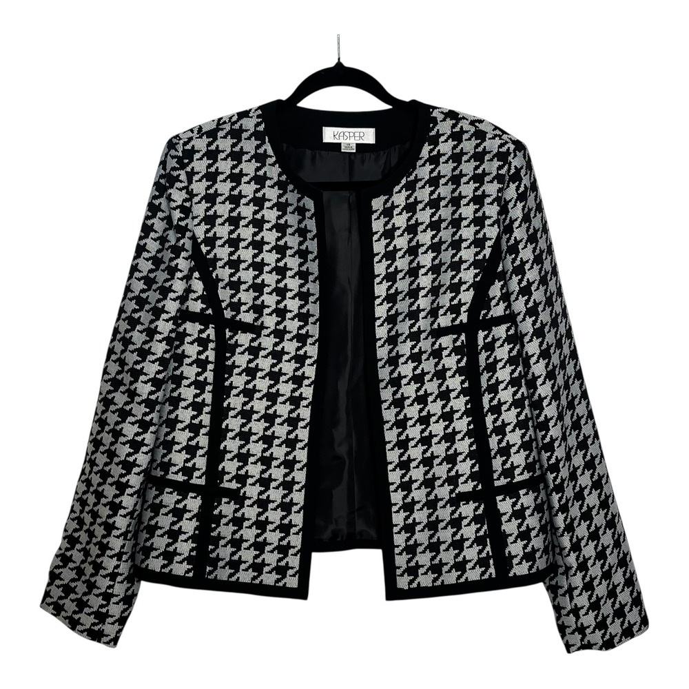 Kasper Womens Houndstooth Open Front Blazer Black White Collarless Jacket 14 - Picture 9 of 9